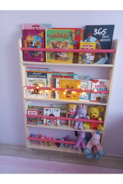 MrtAhşap Montessori Kitaplık Geniş Model Yuvarlak Çıtalı(pembe)