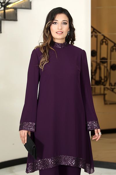 TESETTÜR TASARIM Double Chiffon Set - Sequin Detailed Tunic and Trousers