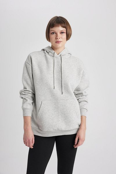 DeFacto Relax Fit Hooded Kangaroo Pocket Thick Basic Plain Gray Sweatshirt W1240Az23Wn