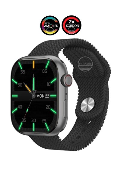 PREPARE Watch 8 Pr-9 Pro Amoled 45mm 1,9 Inç Ekran Pusulalı Vidalı Kilitli 2 Kordon Akıllı Saat