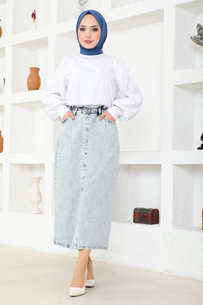 ModaMerve FLR213 Model Blue Denim Skirt - Elastic Waist