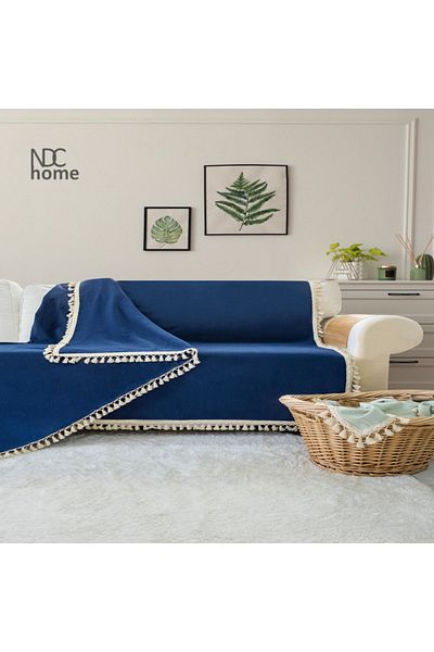 NDC HOME Премиум ленен калъф за диван с помпони в тъмносин цвят (170 x 220)