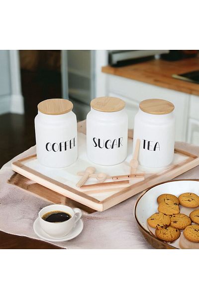 Akkoyunlu home 3-Piece Glass Spice Jar Set with Bamboo Lid (Tea, Coffee, Sugar) Jar Set 800 ml