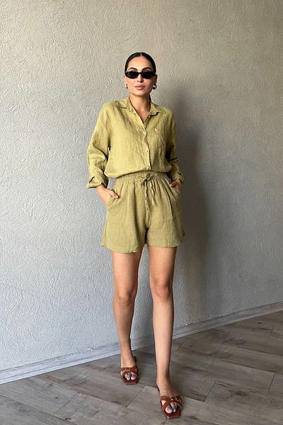 Seda Yalçın Atelier KHaki Shorts - Elastic Waist and Tie-up