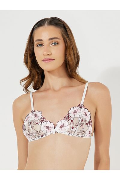 Styli Contrast Floral Embroidered Mesh Bralette & Shorts Set