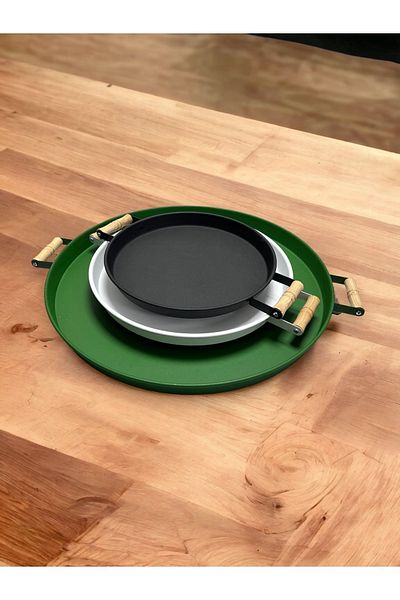 kitchen trend 3 قطع صينية معدنية 45 أخضر، 37 أبيض، 30 أسود مع مقابض خشبية، مجموعة صينية تقديم صينية الشاي