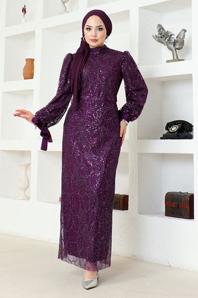 ModaMerve Plum Glitter Evening Dress - MSL6568