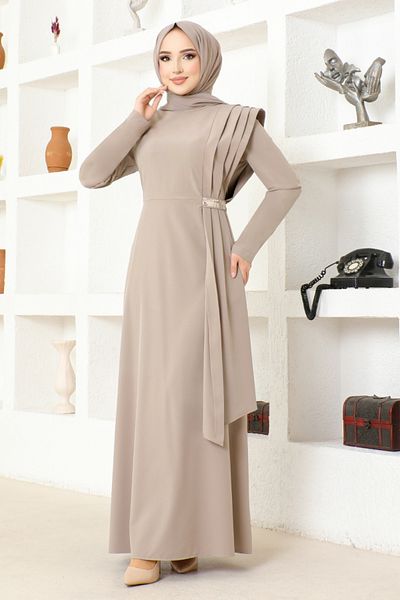 ModaMerve Beige Stone Detailed Dress - ASM2693