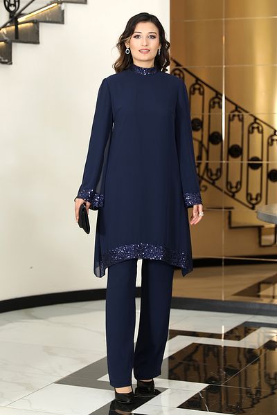 TESETTÜR TASARIM Double Chiffon Set - Sequin Detailed Tunic and Trousers