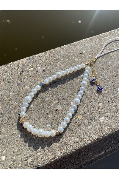 Stoneday Pearl Gold Heart Detailed Evil Eye Beaded Pearl Phone Strap Accessory Charm