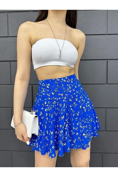 Cistern İstanbul Blue Floral Patterned Women's Summer Shorts Skirt