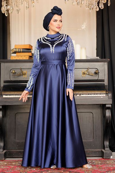 ModaMerve Βραδινό φόρεμα Navy Blue Satin - Μοντέλο LPN6032