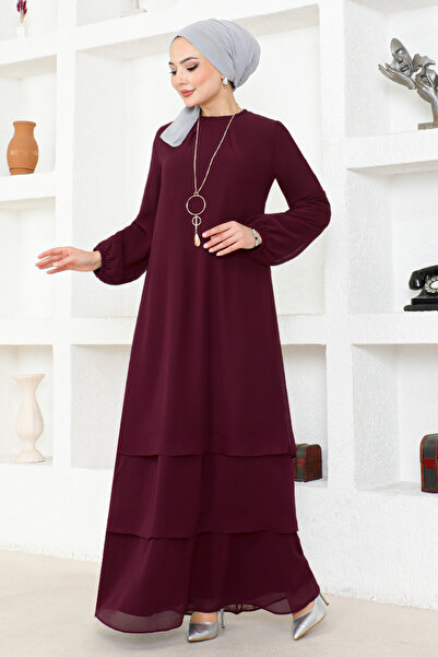 ModaMerve Burgundy Chiffon Dress - ASM2698