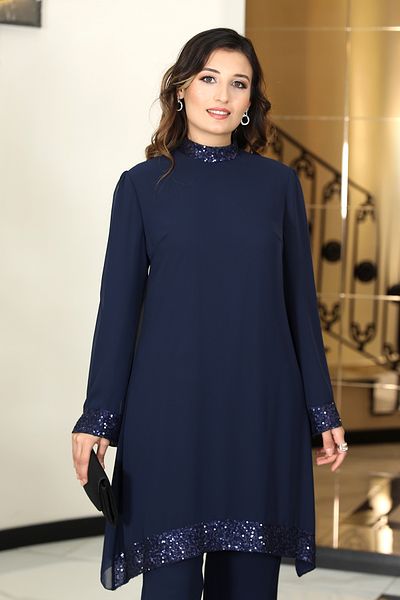 TESETTÜR TASARIM Double Chiffon Set - Sequin Detailed Tunic and Trousers