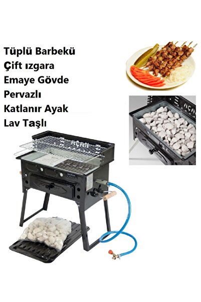 Depolife Emaye Pervazlı Tüplü Mangal  Lav Taşlı lpg li Barbekü Çift ızgara Katlanır ayaklı 30x48cm