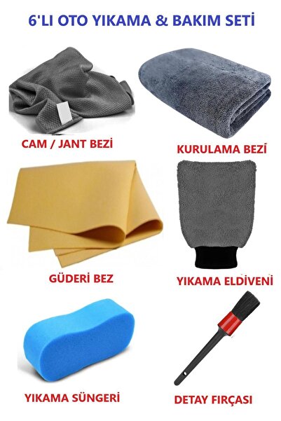 M.Y. TASO 6'lı Mikrofiber Oto Yıkama Seti Kurulama Bezi Cam Bezi Güderi Oto Eldiven Oto Sünger Detay Fırçası