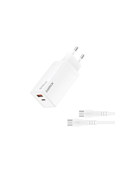 Sunix 67w Usb-a Ve Usb-c Girişli Süper Hızlı Type-c Şarj Aleti Seti Beyaz S-65