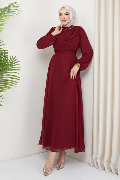 ModaMerve Burgundy Chiffon Evening Dress - LPN2010 Model