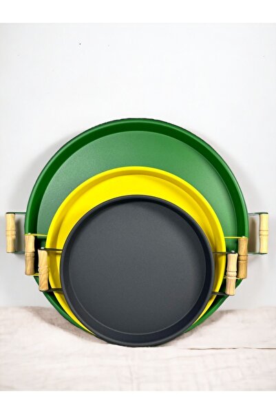 kitchen trend 3 Lü 45,37,30 Cm Ahşap Kulplu Metal Tepsi Sunum Tepsi Seti