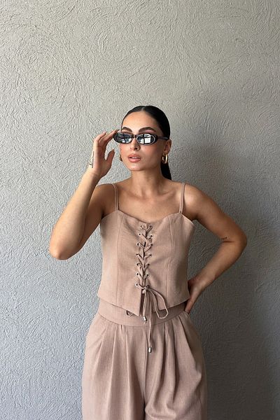 Seda Yalçın Atelier Mink Crop Trousers and Thin Strap Set with String Detail