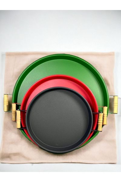 kitchen trend 3 Pieces 45,37,30 Cm Metal Tray with Wooden Handle Presentation Tray Set
