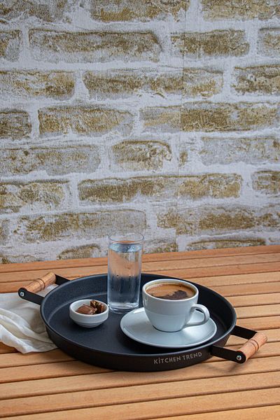 kitchen trend 30 Cm Black Metal Tray with Wooden Handle Tea Tray Coffee Tray Presentation Tray