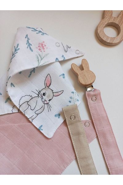 sbbaby Muslin 100% Organic Baby Bib (Collar) Pacifier Strap with Wooden Clip Set of 4