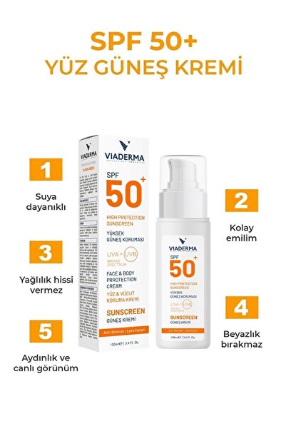 Viaderma Leke Karşıtı SPF 50 Suya Dayanıklı Yüz ve Vücut Güneş Kremi 100 ml Parfümsüz Tüm Cilt