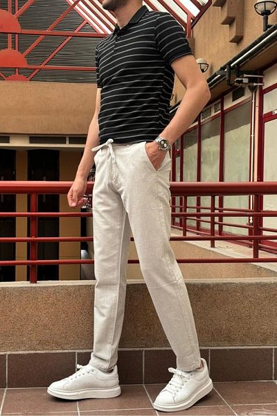inpool Men's Linen Woven Look Standard Fit Elastic Waist Pants 216-2