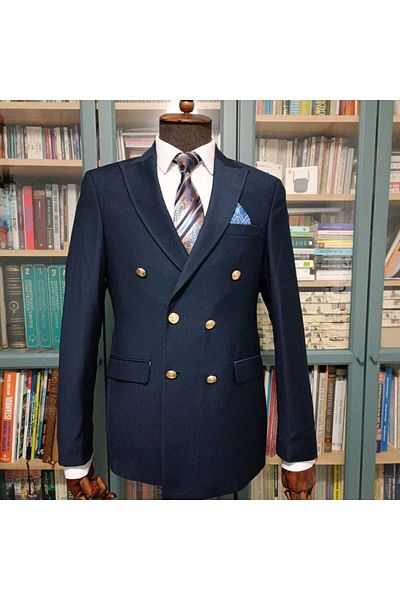 Querinca Navy Blue Double Breasted Slim Fit Suit (Necktie and Collar Ornament)