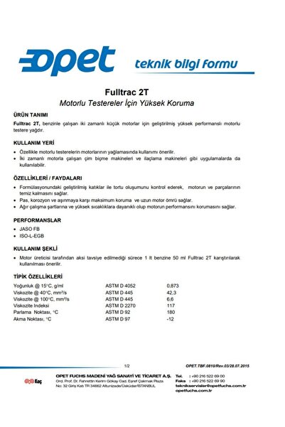 opet Fulltrac 2t Yüksek Performanslı Testere Ve Tırpan Motoru Yağı 1 Litre