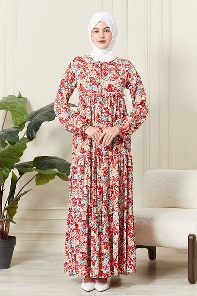 fistan Floral Pattern Viscose Dress - Layered Skirt, Hijab Collar, for Mother and Prayer