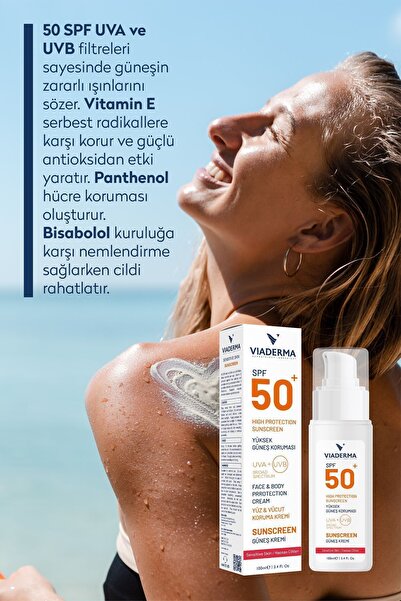 Viaderma Hassas Ciltler için Parfümsüz SPF 50+ Yüksek Koruma Güneş Kremi 100 ml, Suya Dayanıklı