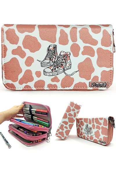 Skygo Box Cow Pattern Kawai Organizer Pencil Case Vegan Leather Three Compartment Pen Holder -Nude(Pink)