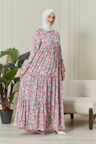 fistan Gypsy Viscose Dress - Layered Skirt, Floral Patterned Hijab Mother Dress and Prayer Dress