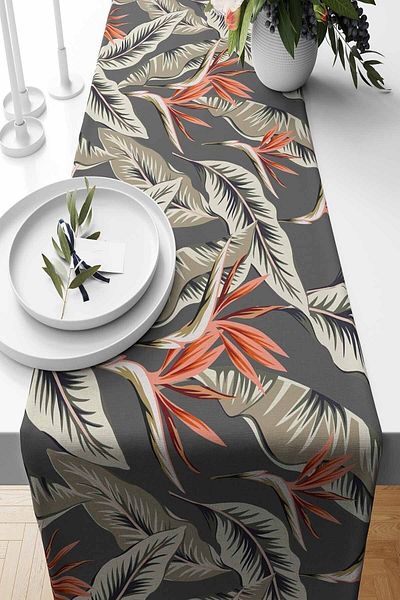 Pilloveland Anthracite HibiScuS Patterned Suede Runner - 140*40 Cm