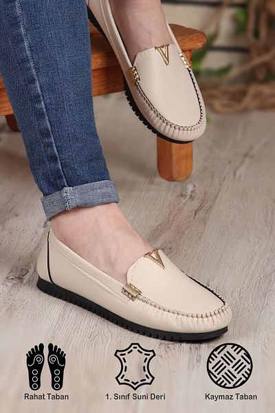Vojo V Buckle Detailed Comfortable Light Sole Cream Skin Women's Ballerina Daily Shoes