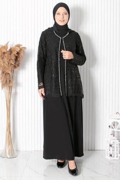 DENİMİNİ Dantelli Pul Payet Detay Büyük Beden Tesettür Abiye Siyah DNM2311