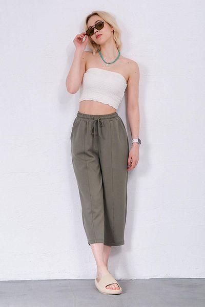 Domoda KHaki Modal Women's Trousers - Ultra Soft, Stitching Detail, Carrot Cut, Lace-up Elastic @malaga