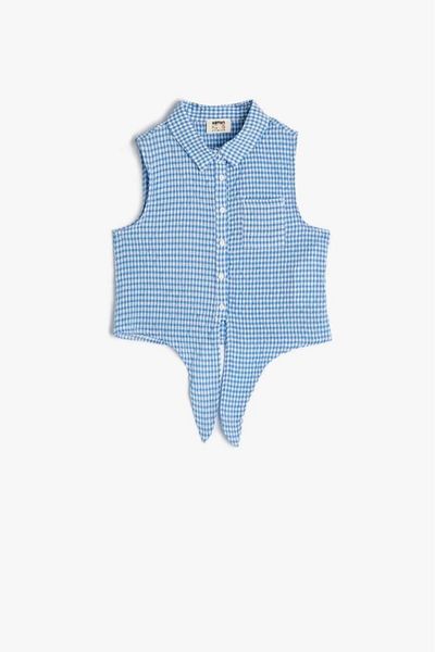 Koton Girl's Crop Sleeveless Shirt with Tie Waist and Gingham