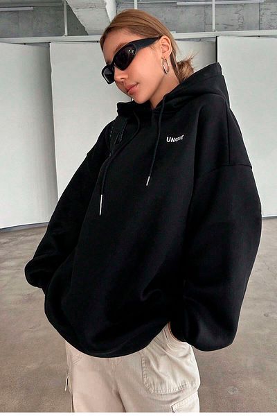 Benisengiydir Black Oversize Hooded Women's Sweatshirt - Unique Printed
