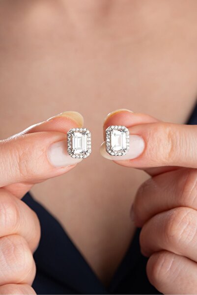 Silvano Jewelry 925 Ayar Gümüş Baget Taşlı Çivili Küpe