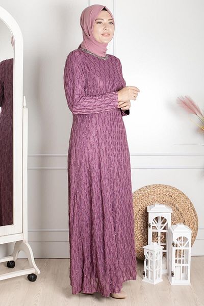 DENİMİNİ Lilac Plus Size HijaB Evening Dress - with Stone EmBroidery and Glitter DeTail DNM2232