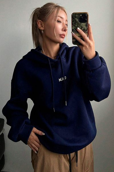 Benisengiydir Navy Blue Oversize Hooded Sweatshirt - Growths Printed