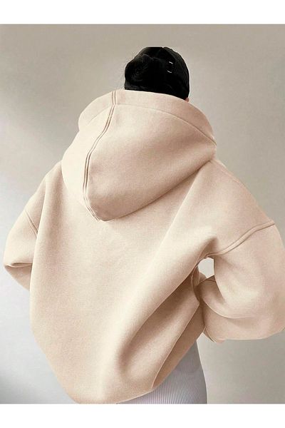 Benisengiydir Beige Color Oversize Hooded Women's Sweatshirt - Collar Detailed