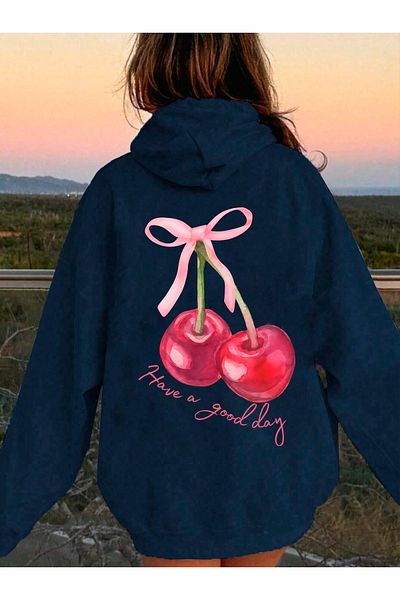 Benisengiydir navy Blue Oversize Hooded Cheery Printed Women's Sweatshirt