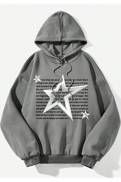 Benisengiydir GraY Oversize Hooded Star Printed Women's Sweatshirt