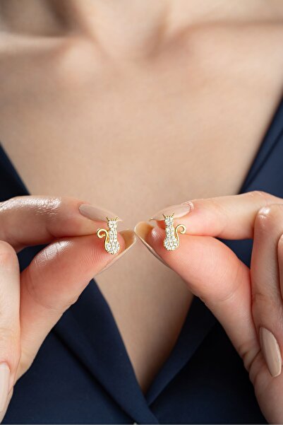 Silvano Jewelry 925 Ayar Gümüş Gold Çivili Kedi Küpe