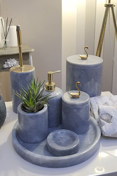 Dokimeion 7 Li Mermer Banyo Seti Gri Altın Kuğu(%100 DOĞAL MERMER EL YAPIMI)