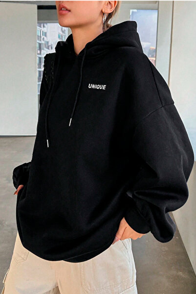Benisengiydir Black Oversize Hooded Women's Sweatshirt - Unique Printed